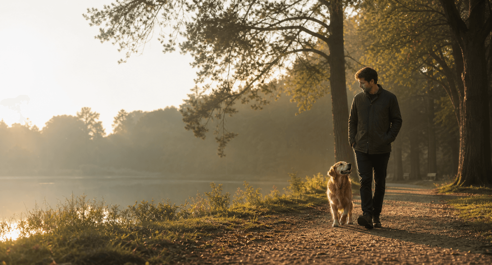 Hund und Halter auf einem ruhigen Spaziergang am Morgen